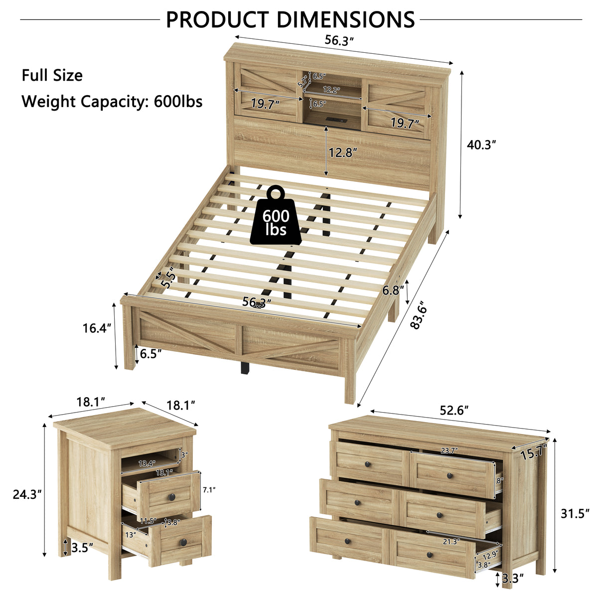 variant-group:rf-n733s369048m|Roomfitters 3 Piece Bedroom Set, Full Farmhouse Platform Bed with Sliding Headboard, Bedside Tables, Natural