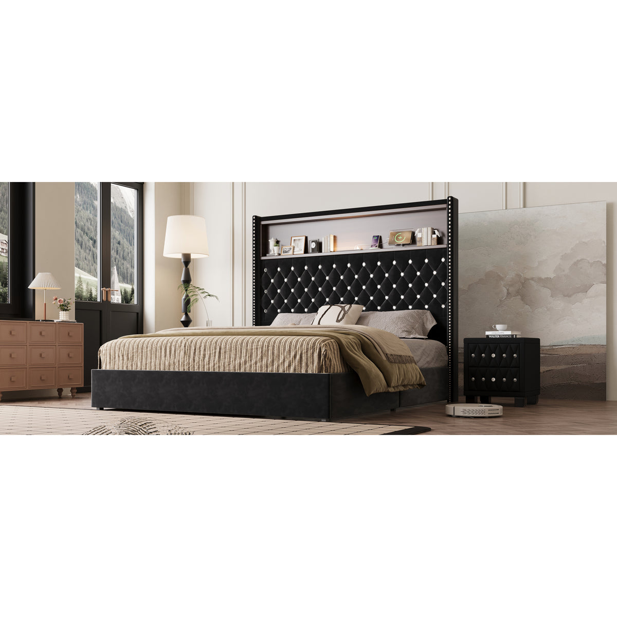 variant-group:rf-n733p367135b|Roomfitters Queen Velvet Tufted Platform Bed with Charging Ports, Tall Wingback Headboard with Rivet Trim and Shelf, Black