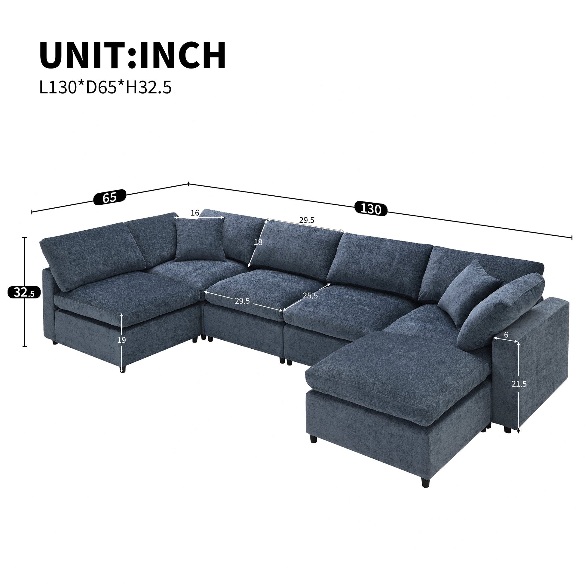 Roomfitters 130 Inch U-Shaped Modular Sectional Sofa Bed, Cloud Sleeper Couch with Plush Cushions for Living Room, Dark Blue Roomfitters