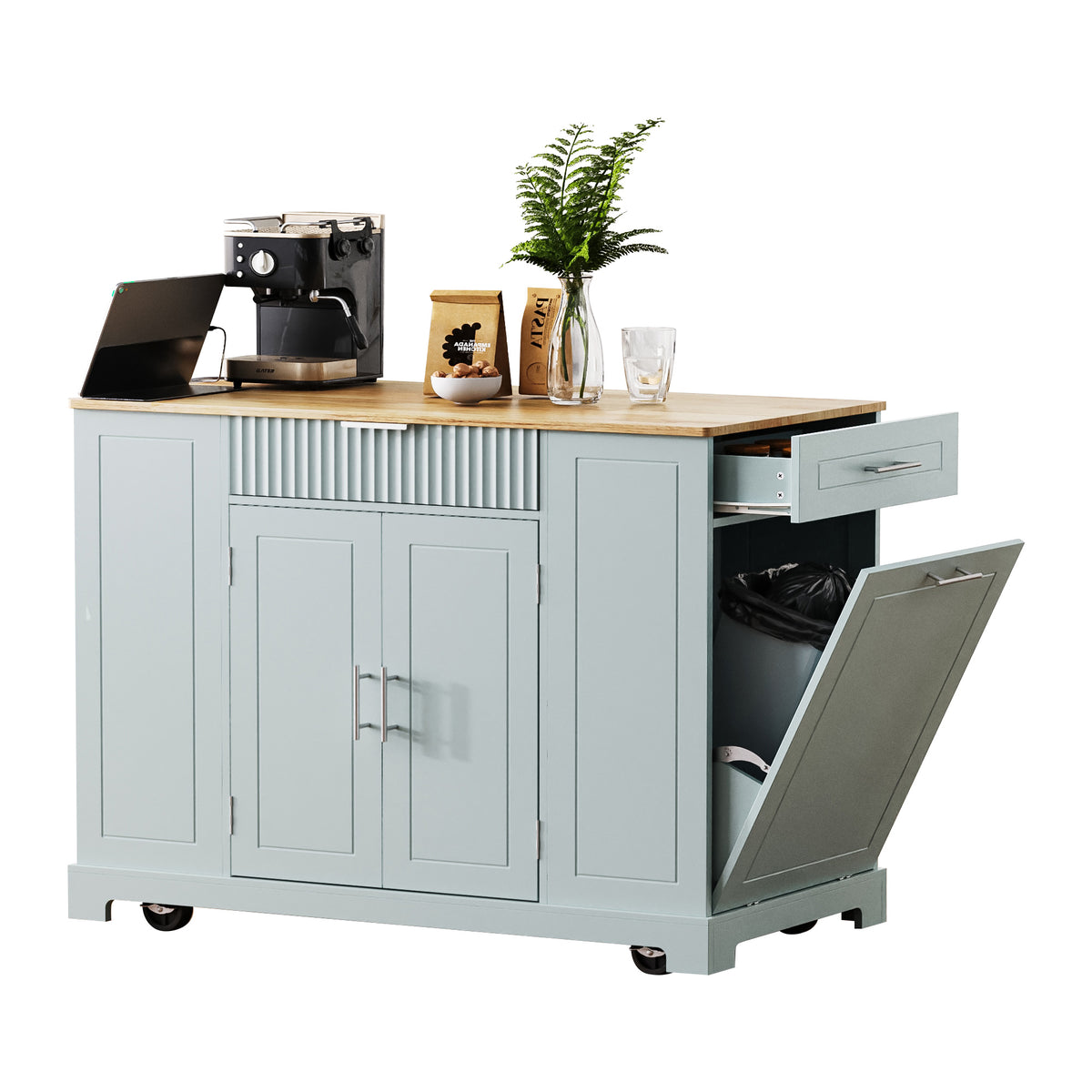 variant-group:rf-n707s221571g|Roomfitters Kitchen Island with Tilt Out Trash Can and Power Outlet, Fluted Storage Cabinet on Wheels, Grey+Blue