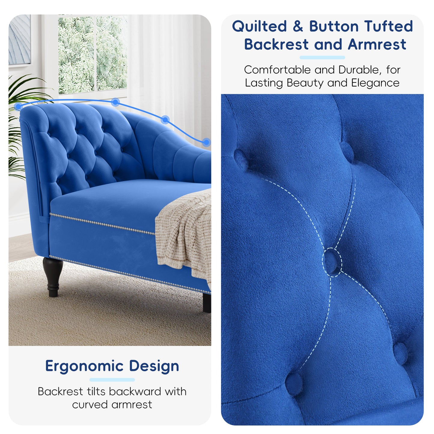 Roomfitters 58 Inch Fainting Couch, Velvet Upholstered Chaise Lounge Sofa with Button-Detailed Back & Nailhead Trim, Blue