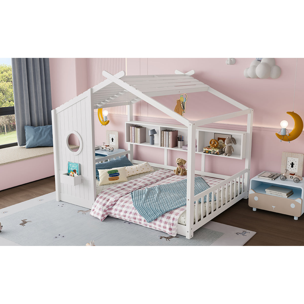 variant-group:rf-n733p335068k|Roomfitters Full Size Floor House Bed with Storage Shelf and Roof Design, Montessori Playhouse Bed, White