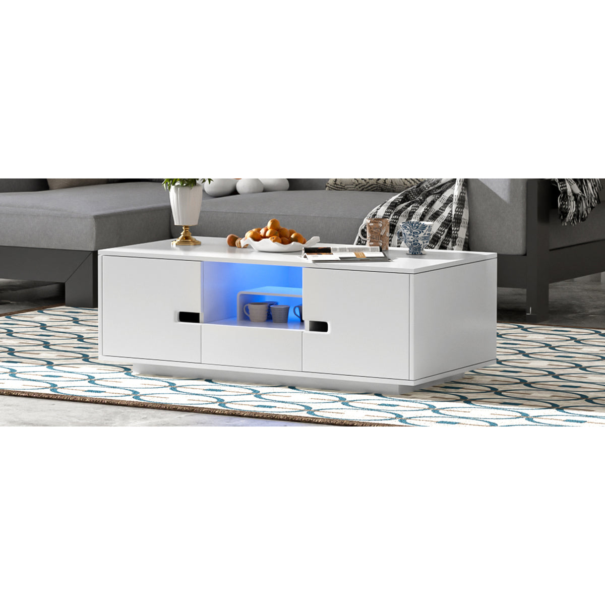 variant-group:rf-n724p294656k|Roomfitters Modern Glossy Coffee Table with Storage Space and Light Accent, Rectangle Center Table for Living Room, White