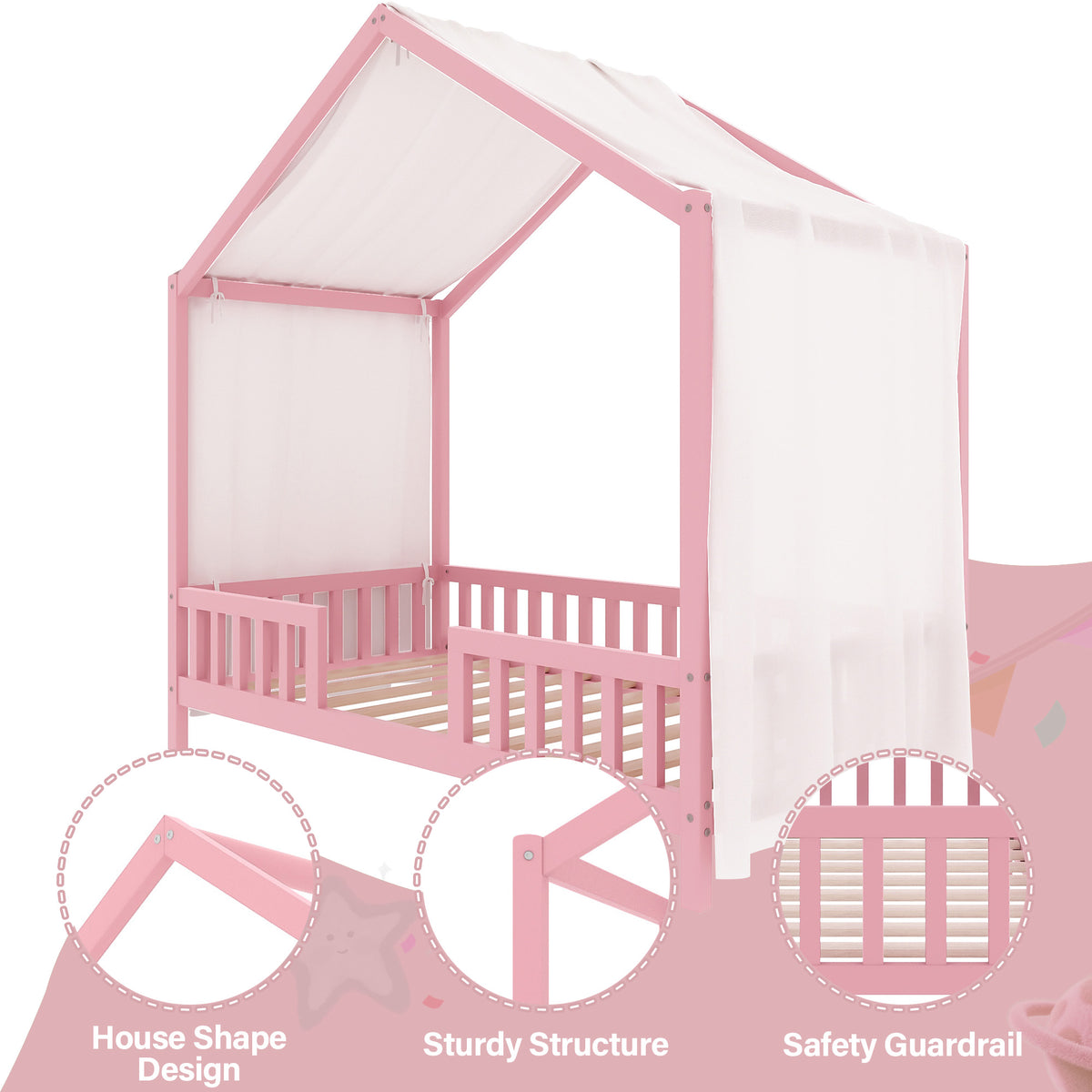 variant-group:rf-n733p356043h|Roomfitters Twin Montessori Floor Bed with Canopy, House Shape Wood Frame with Safety Rails, Youth Platform Bed, Pink