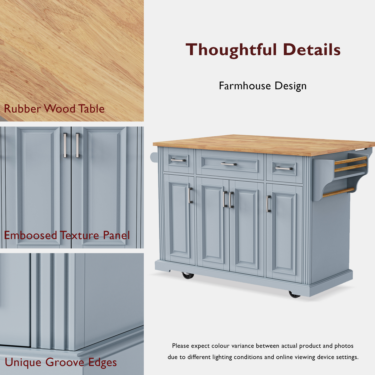 variant-group:rf-n707s195395g|Roomfitters 54" Kitchen Island with Wood Top, Rolling Storage Cabinet with 3 Drawers and 3 Doors, Spice Rack, Grey+Blue