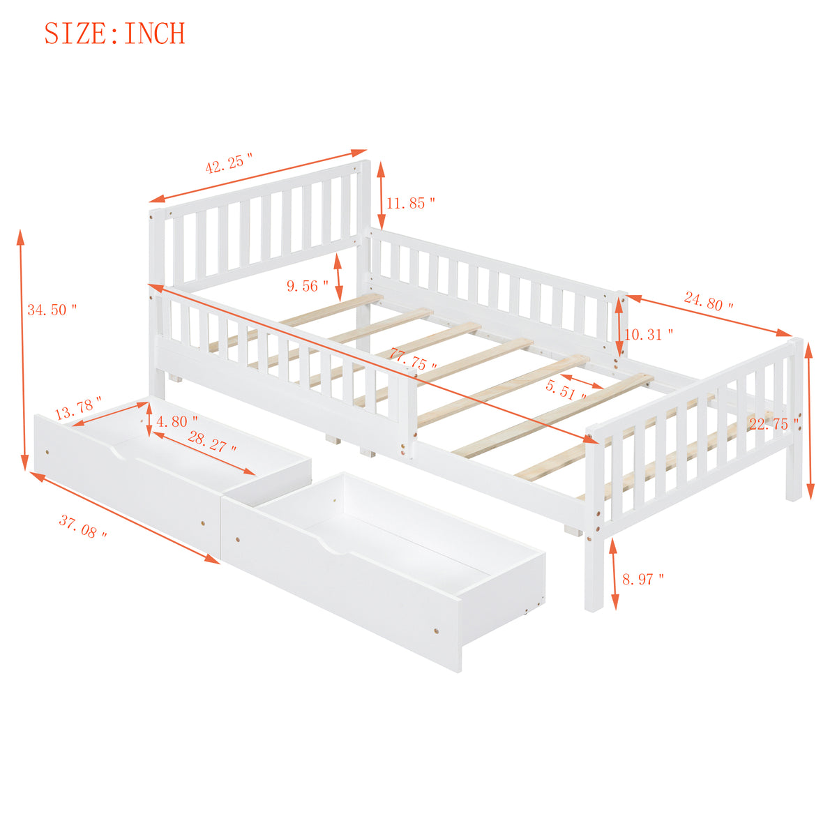 variant-group:rf-n733p172696k|Roomfitters Twin Size Wood Platform Bed with Guardrails and Two Storage Cabinets, White