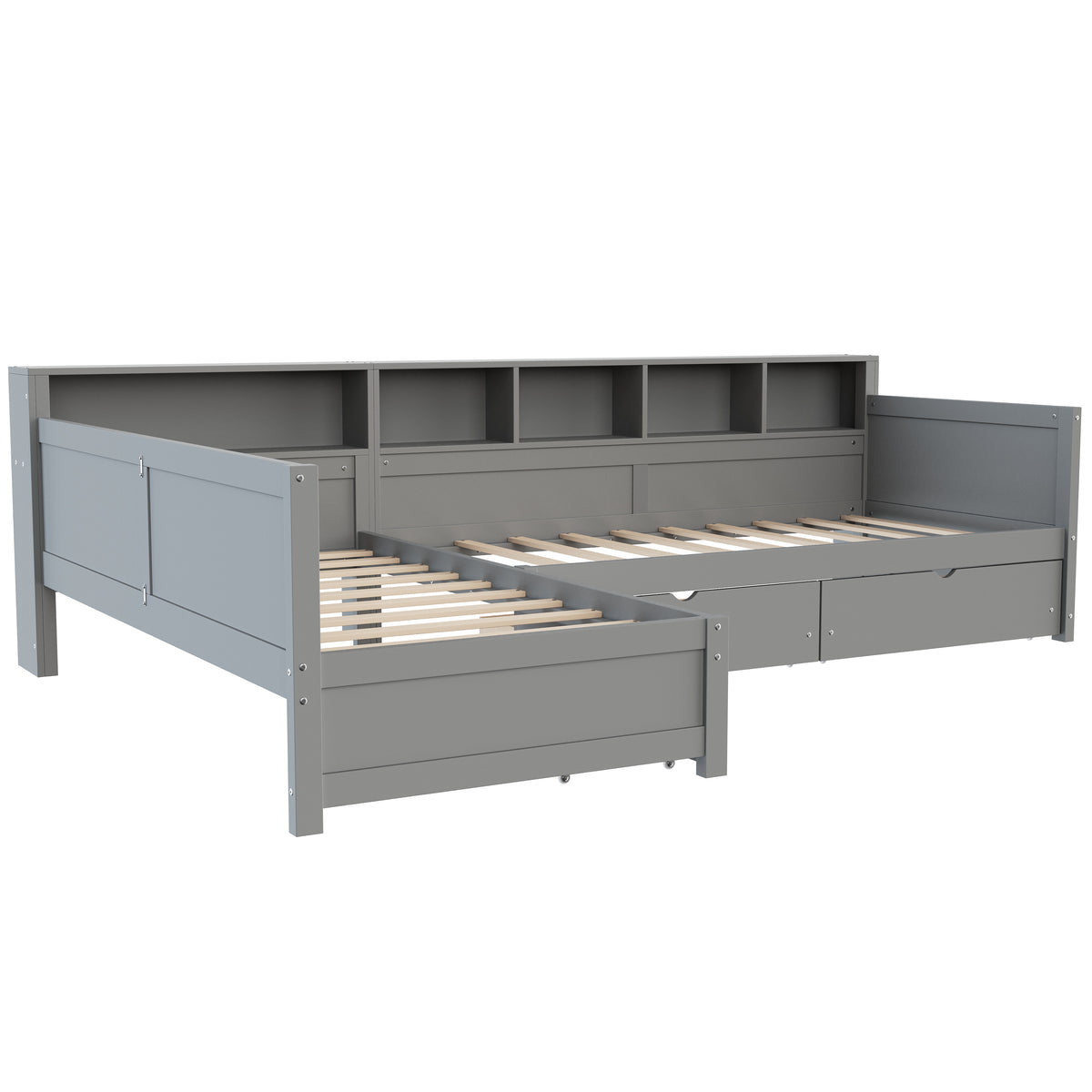 variant-group:rf-n733s369272e|Roomfitters Twin L-Shaped Daybed for 2 with 3 Storage Drawers, Wooden Corner Bed Frame with Bookshelf for Bedroom, Gray