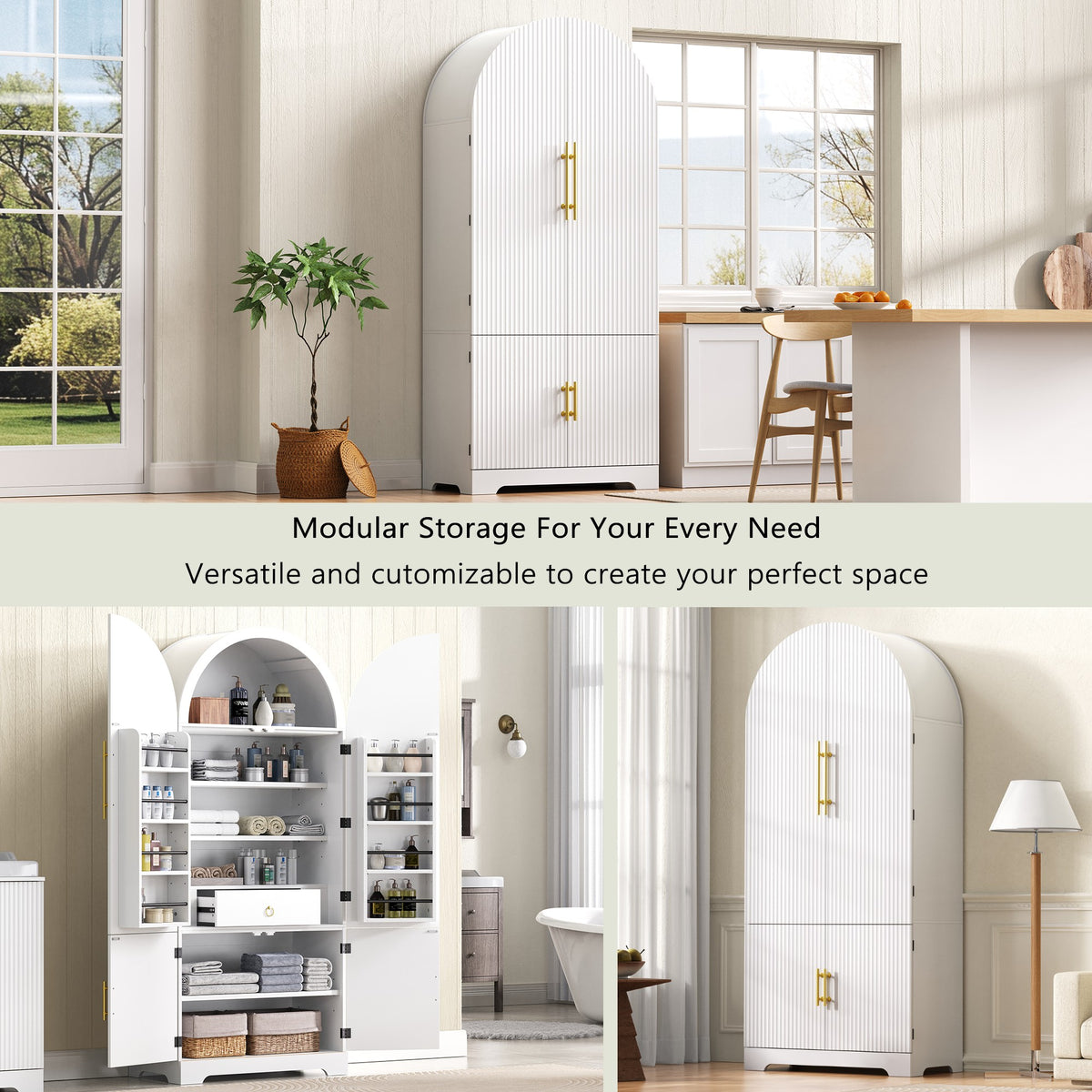 variant-group:rf-n707s000020w|Roomfitters 72" Tall Arched Kitchen Pantry Cabinet with Fluted Doors & Hidden Drawer, White