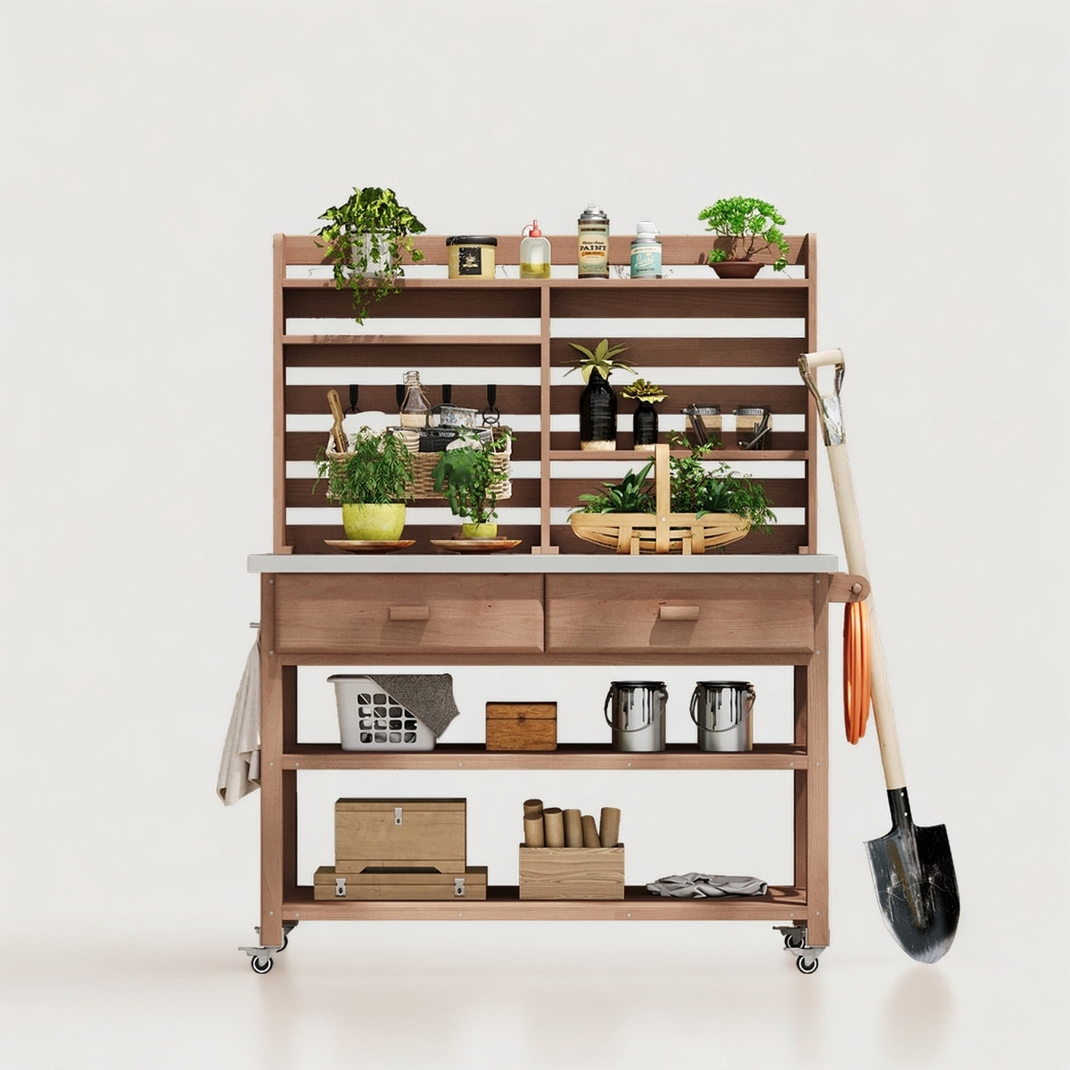variant-group:rf-n707p228274z|Roomfitters 64.9" Outdoor Potting Bench Table, Rolling Kitchen Island with Hutch, Stainless Steel Top, Storage, Brown