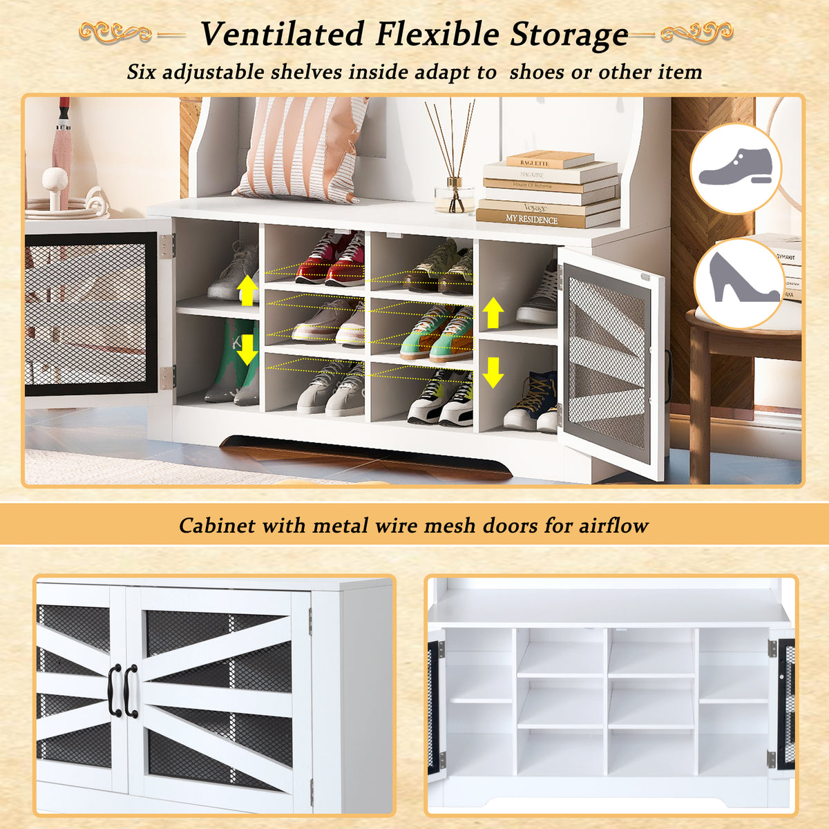 variant-group:rf-n724p264668k|Roomfitters 3-in-1 Entryway Bench with Coat Rack, Adjustable Shelves and 7 Hooks, 43.3" Hall Tree for Entrance or Living Room, White