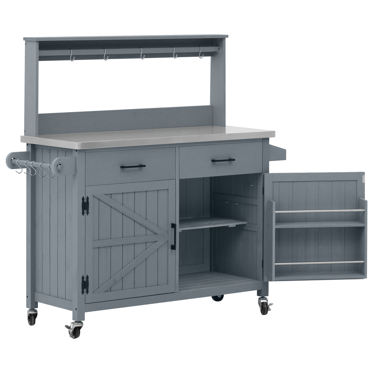 variant-group:rf-n707p409087g|Roomfitters 54.1" Grill Cart, Outdoor Kitchen Prep Station with Stainless Steel Top and Propane Tank Storage, Grey+Blue