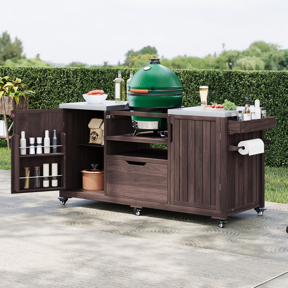 variant-group:rf-n707p250629z|Roomfitters 66.5" Outdoor Kitchen Island for Big Kamado Grills, Wood Grill Cart with Stainless Steel Top, Storage, Dark Brown