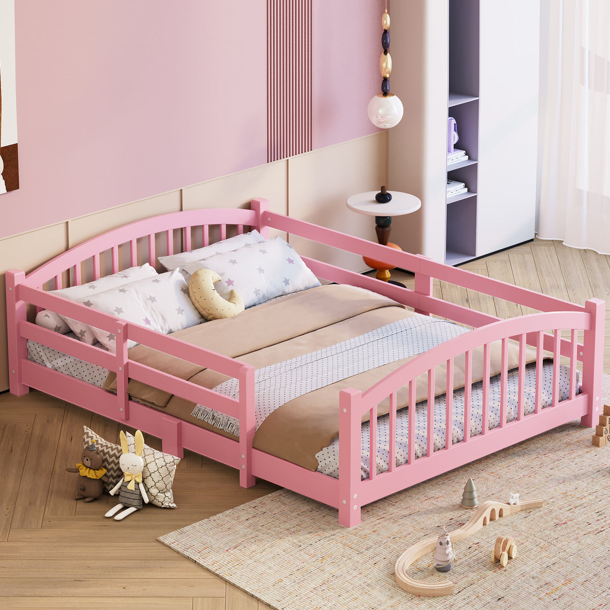 variant-group:rf-n733p400299h|Roomfitters Full Montessori Floor Bed with Guardrails, Solid Wood Low Platform Bed with Slats, Easy Assembly, Pink