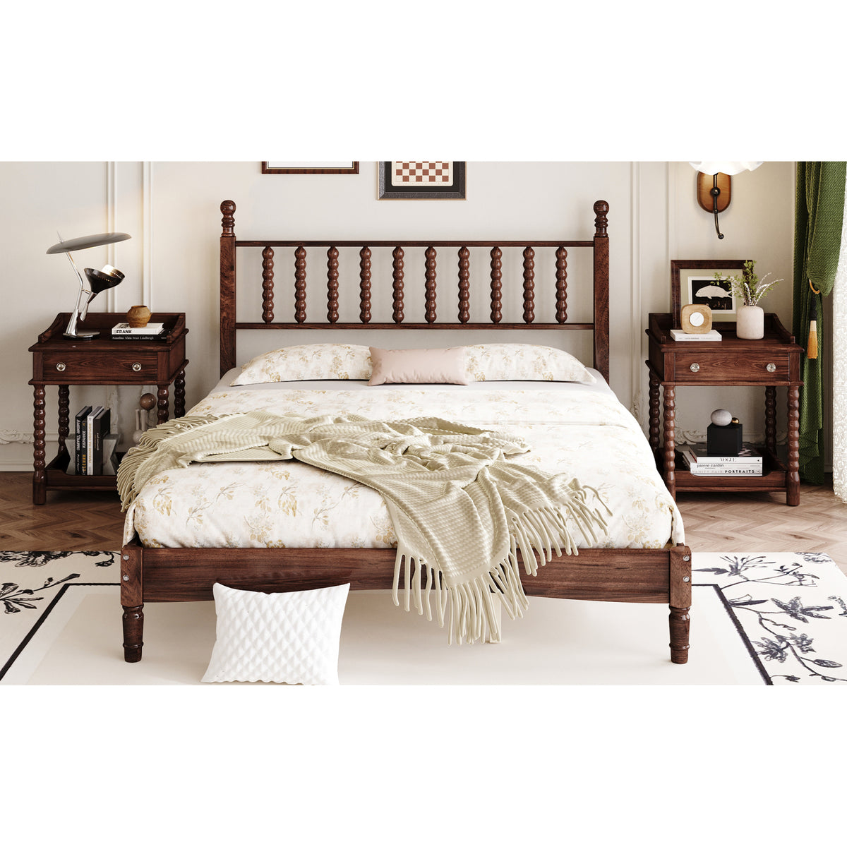 variant-group:rf-n733p206242d|Roomfitters Queen Size Wood Platform Bed with Gourd Shaped Headboard, Retro Style Platform Bed with Wooden Slat Support, Walnut