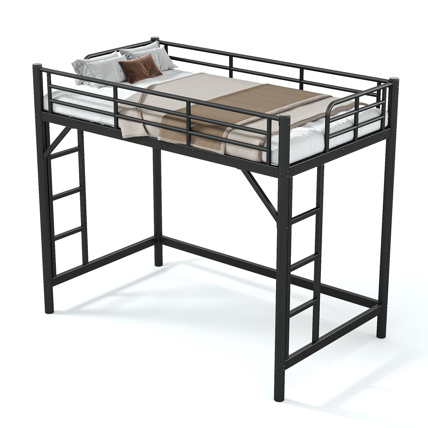 variant-group:rf-w1580p455013|Roomfitters Twin XL Size Metal Loft Bed Frame with Guardrails, Heavy Duty Space Saving High Loft Bed Dual Ladders, Black