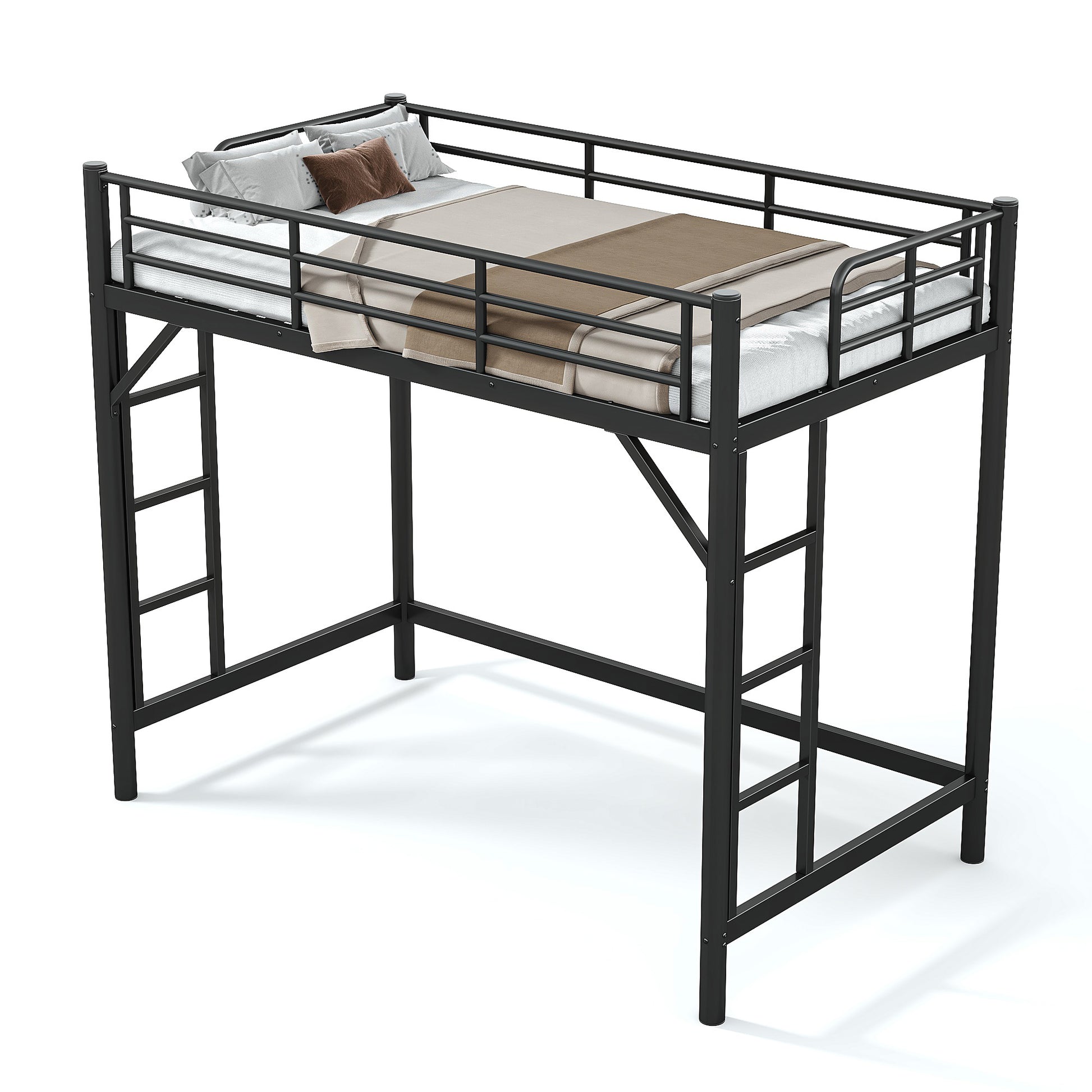 variant-group:rf-w1580p455013|Roomfitters Twin XL Size Metal Loft Bed Frame with Guardrails, Heavy Duty Space Saving High Loft Bed Dual Ladders, Black
