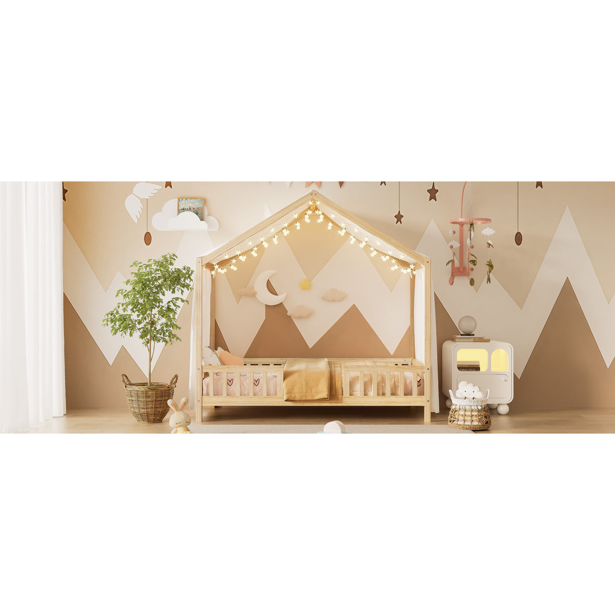 variant-group:rf-n733p356043m|Roomfitters Twin Montessori Floor Bed with Canopy, House Shape Wood Frame with Safety Rails, Youth Platform Bed, Natural