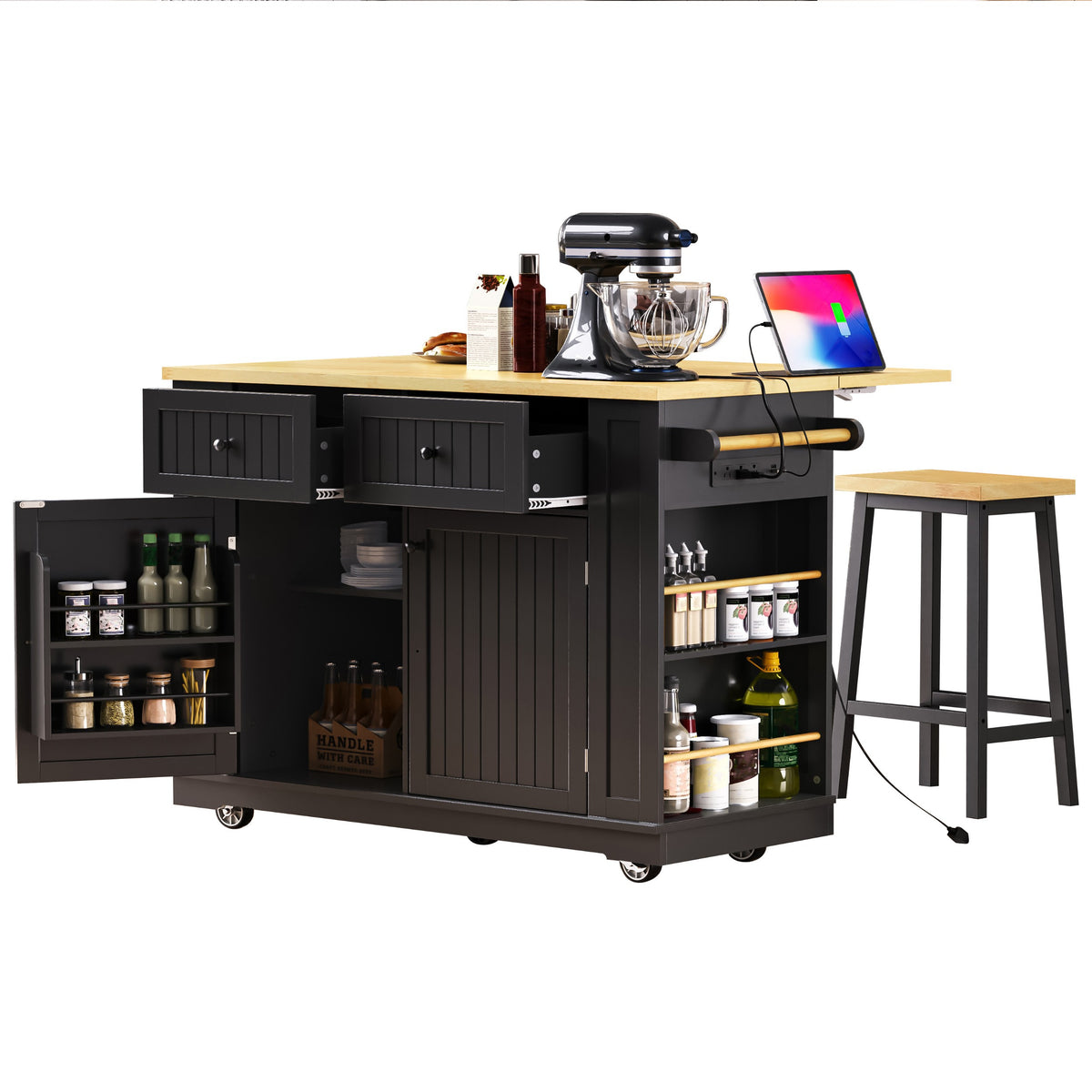 variant-group:rf-n707s257057b|Roomfitters 48" Kitchen Island with Power Outlet and Drop Leaf, Rolling Storage Cabinet with Wood Top and Spice Rack, Black