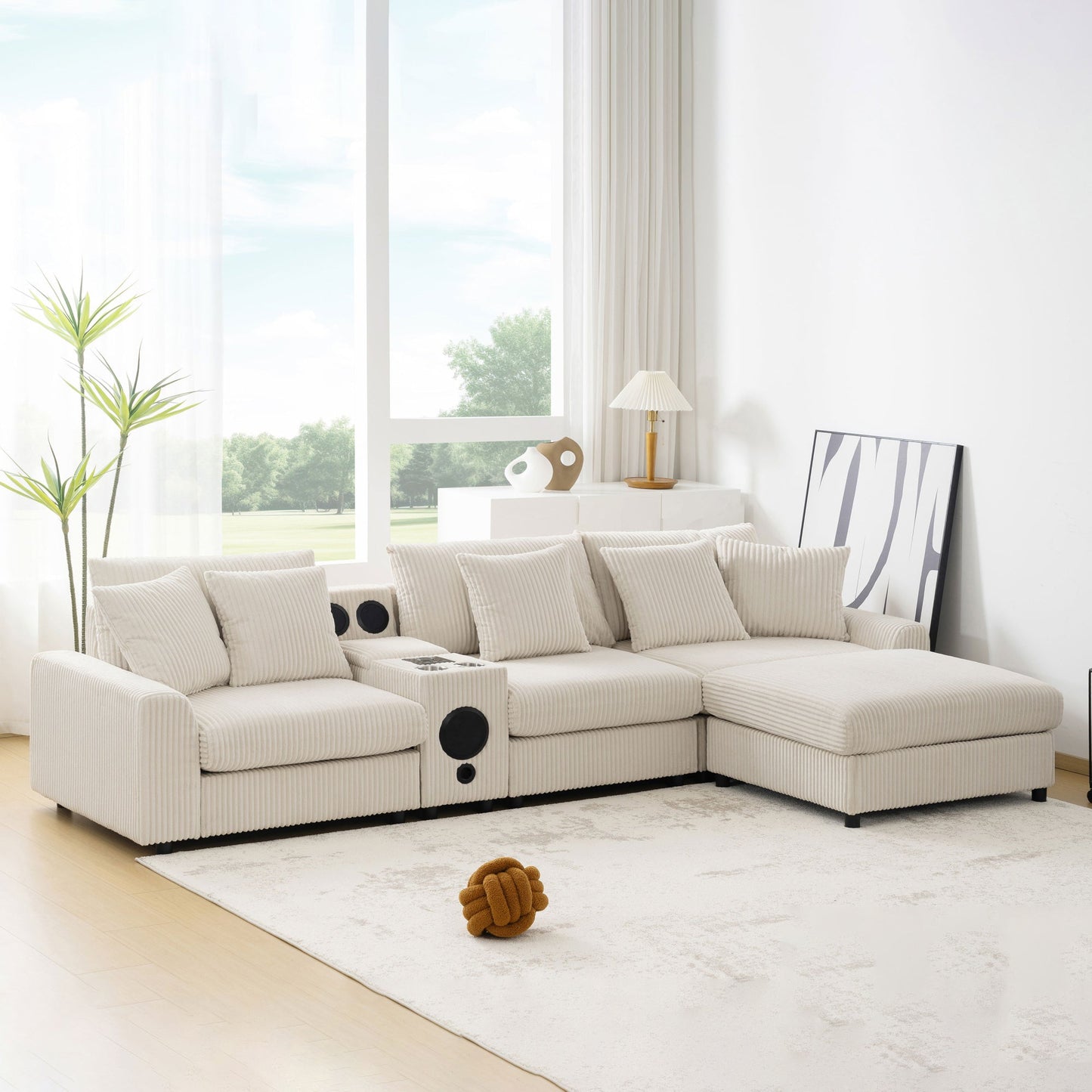 Roomfitters 112 Inch L-Shaped Modular Sectional Sofa with Bluetooth Speaker, Console and Cup Holders for Home, Cream Roomfitters