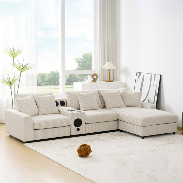 Roomfitters 112 Inch L-Shaped Modular Sectional Sofa with Bluetooth Speaker, Console and Cup Holders for Home, Cream