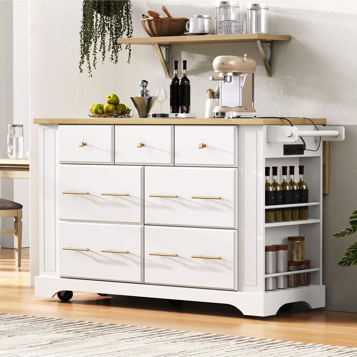 variant-group:rf-n707s307292w|Roomfitters 51" Kitchen Island with Power Outlet and Drop Leaf, Rolling Cabinet with Pull-Out Trash Can Drawer, White