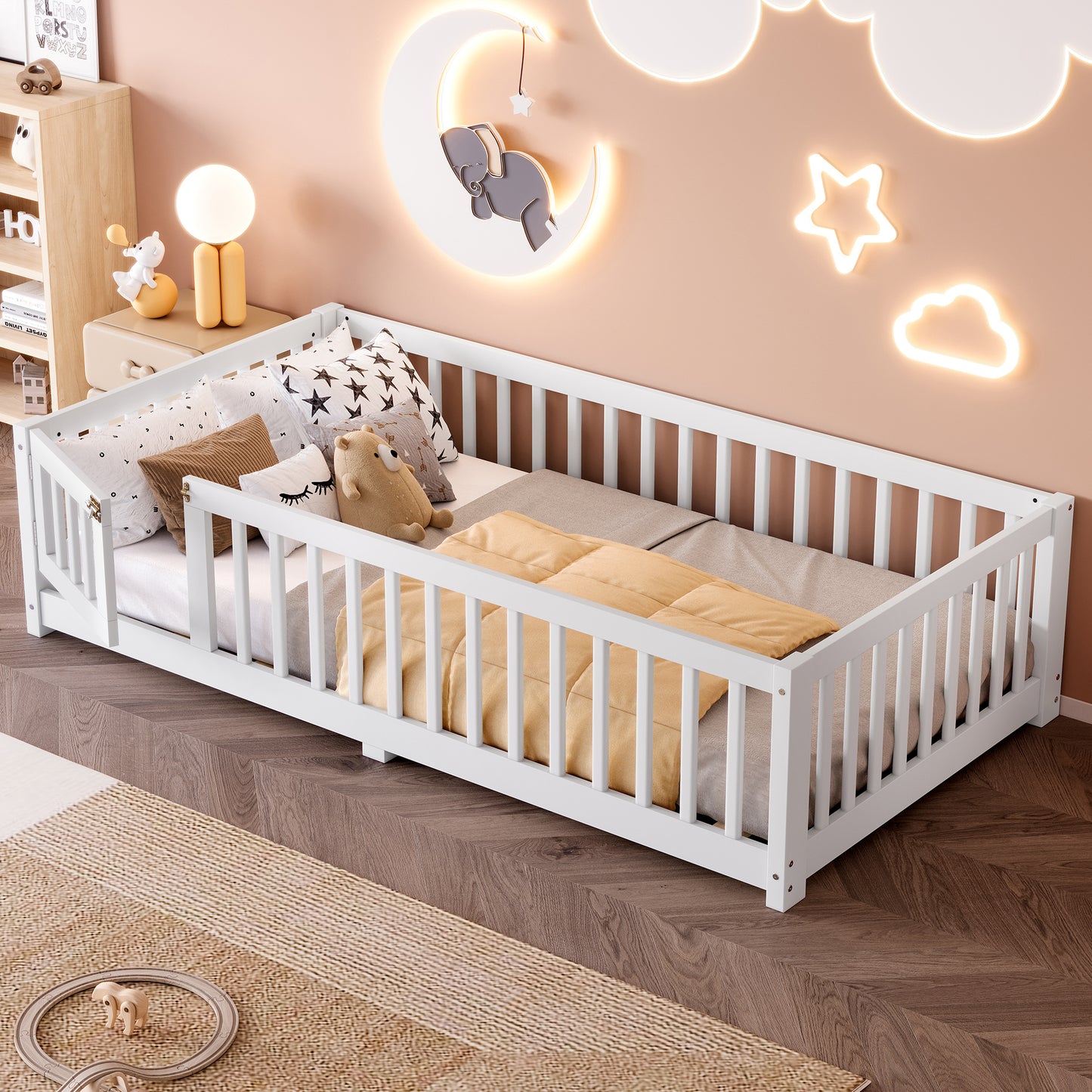 variant-group:rf-w1580p338944|Roomfitters Wooden Twin Floor Bed Frame with Door & Safety Guardrails, Low Platform Design for Bedroom or Playroom, White