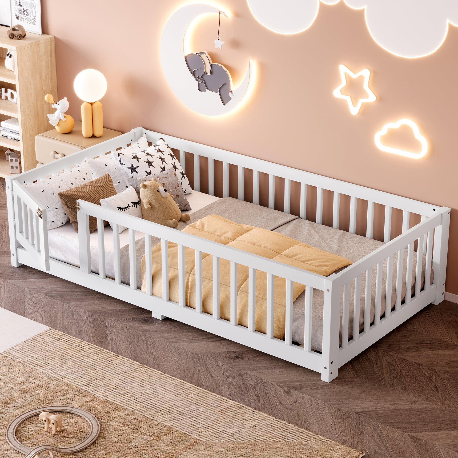 variant-group:rf-w1580p338944|Roomfitters Wooden Twin Floor Bed Frame with Door & Safety Guardrails, Low Platform Design for Bedroom or Playroom, White