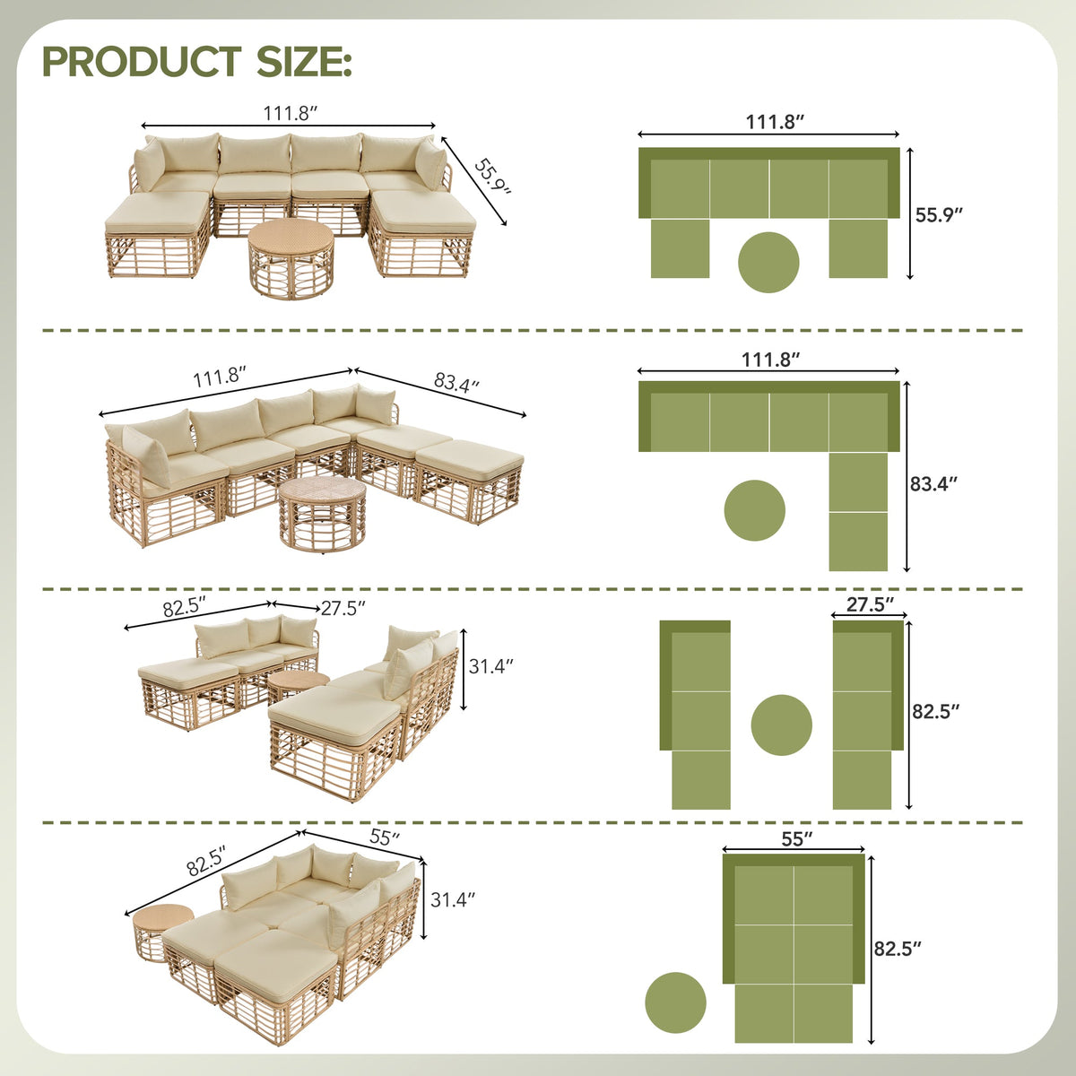 Roomfitters 7-Piece Contemporary Hollow-Woven Rattan Sectional Sofa Set with Round Coffee Table Brown Roomfitters