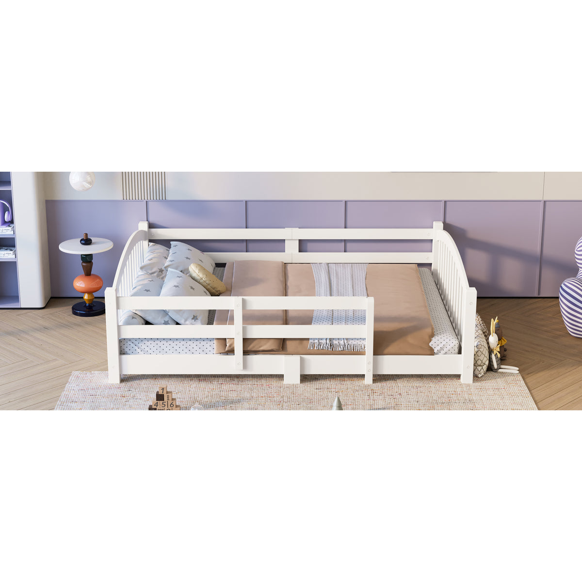 variant-group:rf-n733p400299k|Roomfitters Full Montessori Floor Bed with Guardrails, Solid Wood Low Platform Bed with Slats, Easy Assembly, White