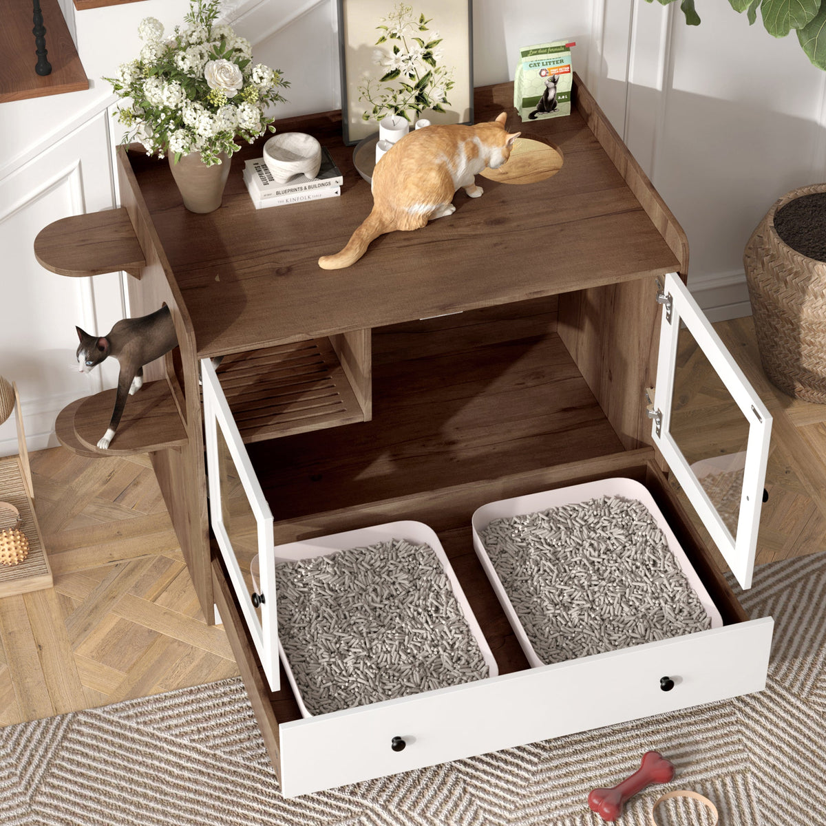 Roomfitters Luxury Cat Litter Box Enclosure Furniture Side Table Cabinet with Deep Cleaning Drawer White Brown Roomfitters