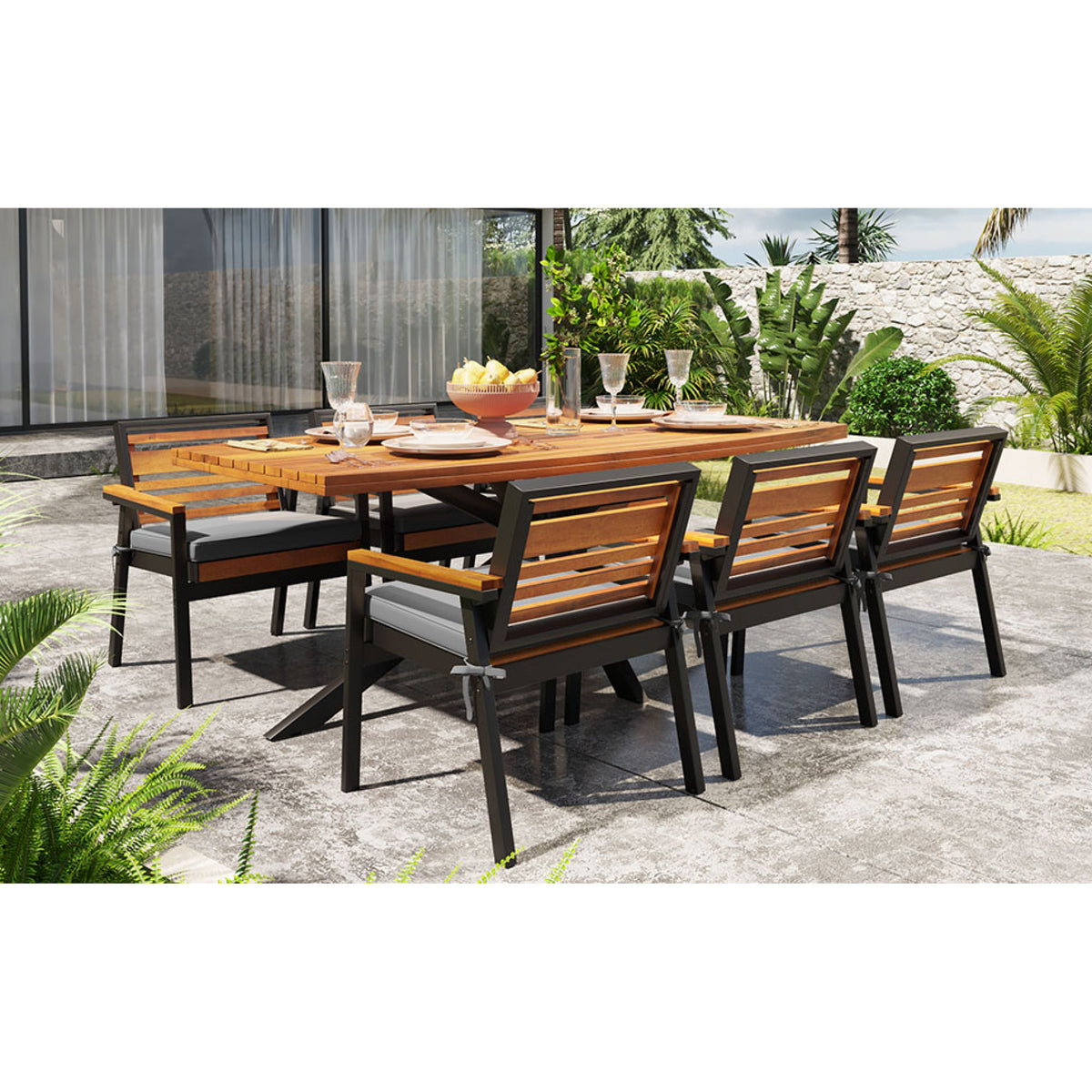 variant-group:rf-n704g201259e|Roomfitters Modern 7-Piece Patio Dining Set with Powder-Coated Iron Frame and Detachable Gray Cushions