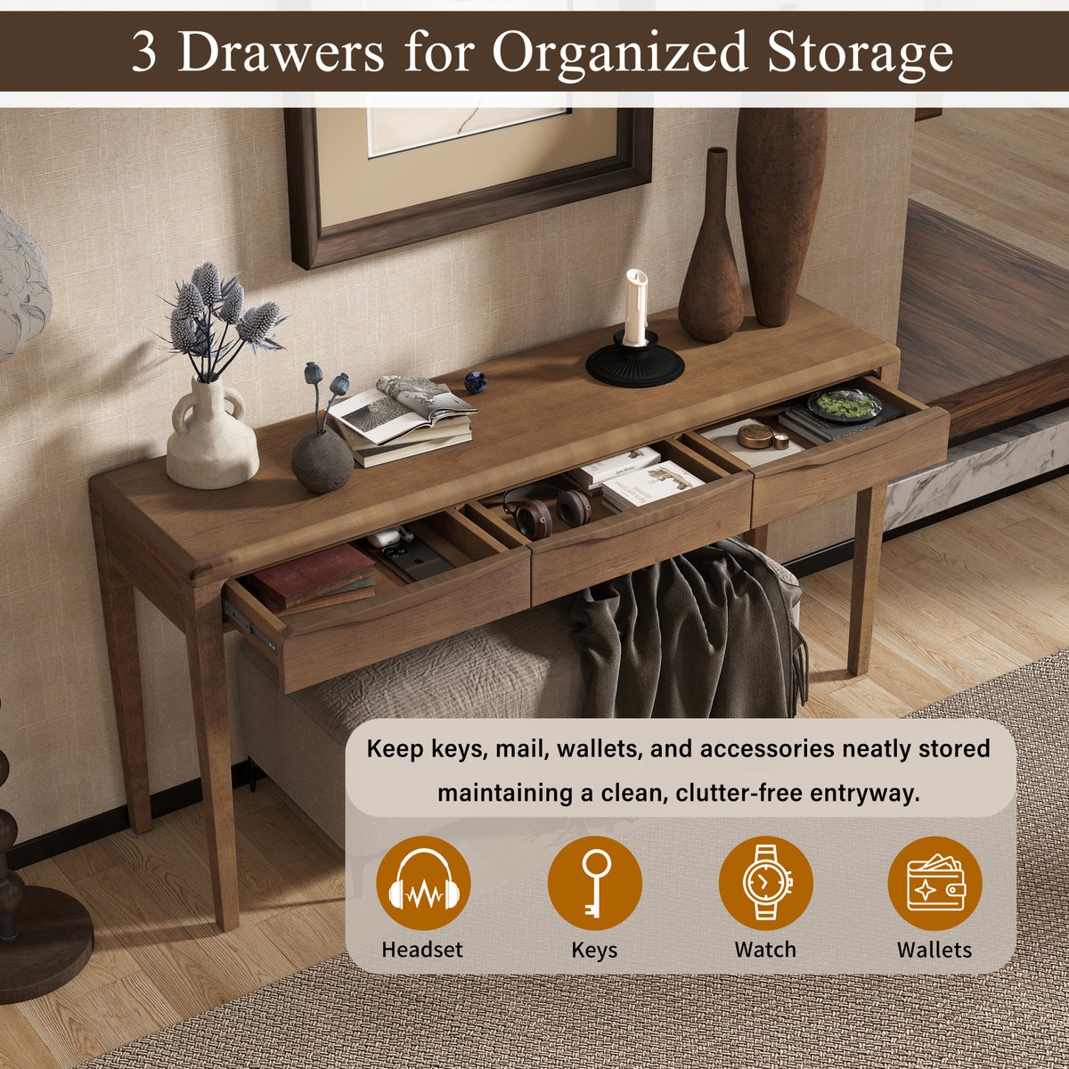 variant-group:rf-n711p401926d|Roomfitters Light Luxury Brown Oak Veneer Console Table with 3 Wavy Curved Drawers and Soft Rounded Corners