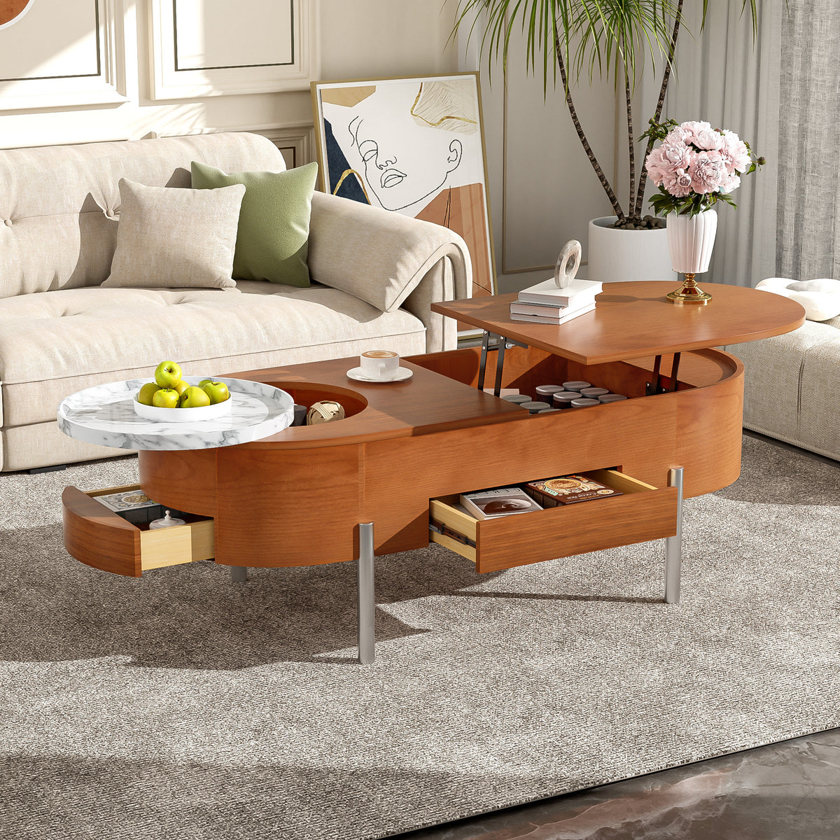 variant-group:rf-n724p228920d|Roomfitters Lift Top Oval Coffee Table with Rotating Marble Tray and Hidden Compartment, Brown