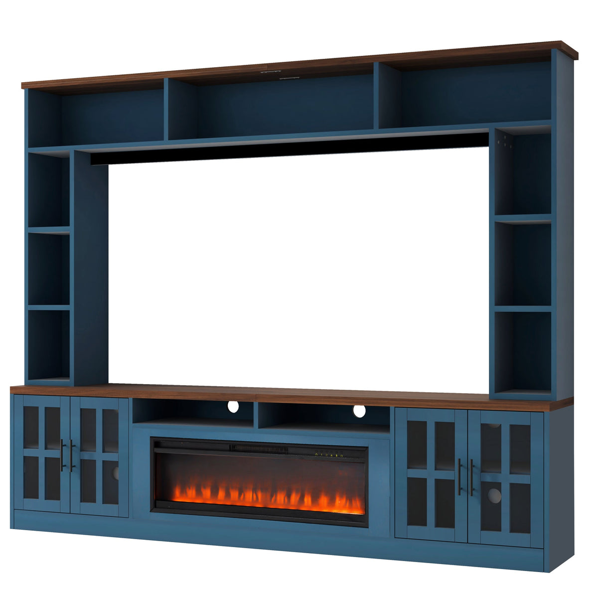Roomfitters 95.5"W Large Wall Unit Entertainment Center, 39" LED Fireplace, Navy Blue Roomfitters