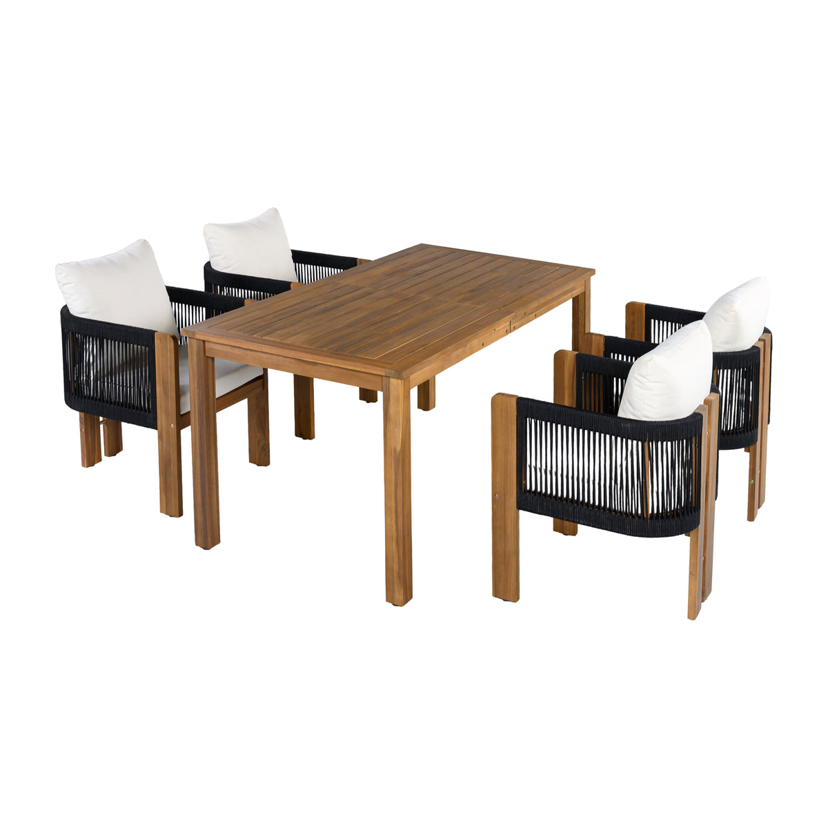 variant-group:rf-n711wy000496aab|Roomfitters 5-Piece Rope Woven Outdoor Dining Set, Farmhouse Solid Acacia Table, 4 Chairs Pack, Black and Brown
