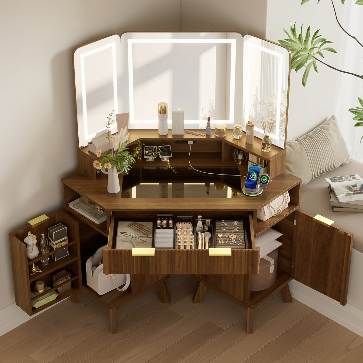 variant-group:rf-n704p392485p|Roomfitters 47.2" Corner Makeup Vanity Desk with 3-Panel LED Mirror, Glass Top, Charging Station and Storage Hutch, Walnut