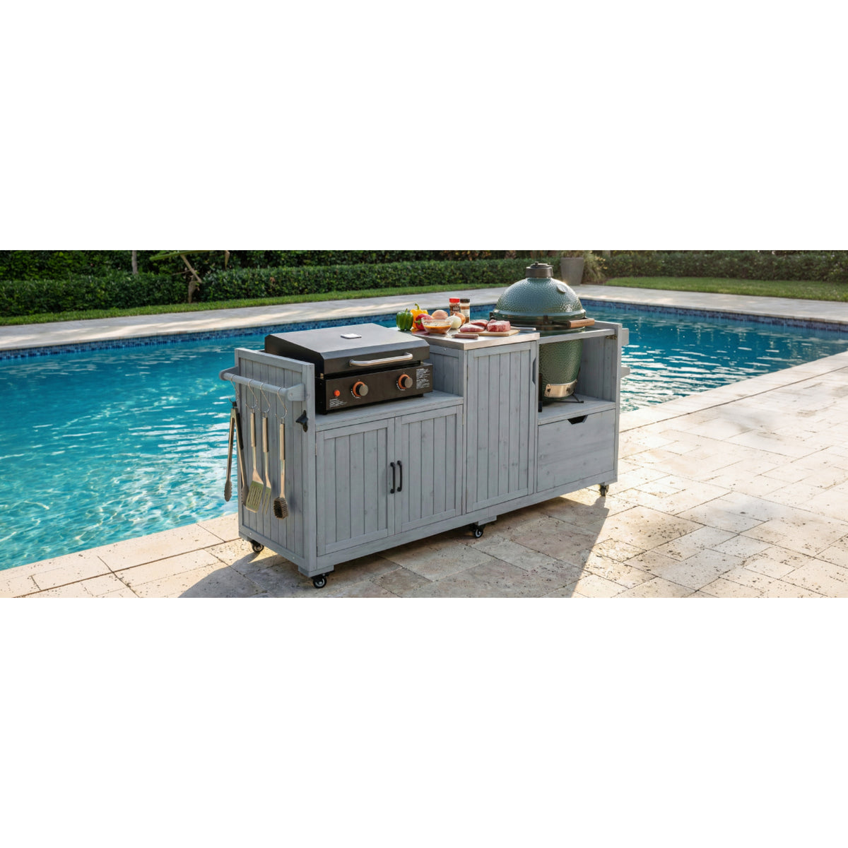 variant-group:rf-n707p392140g|Roomfitters 80.5" Extra Large Grill Cart, Outdoor Kitchen Prep Station with Stainless Steel Top & Kamado Grill Stand, Grey+Blue
