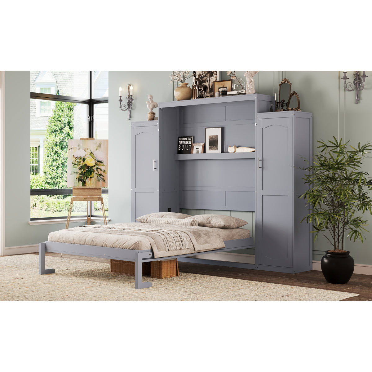 variant-group:rf-n733s235627e|Roomfitters Queen Murphy Wall Bed with Two Wardrobes and Storage Shelf, Foldable Platform Bed Frame for Guest Room, Gray