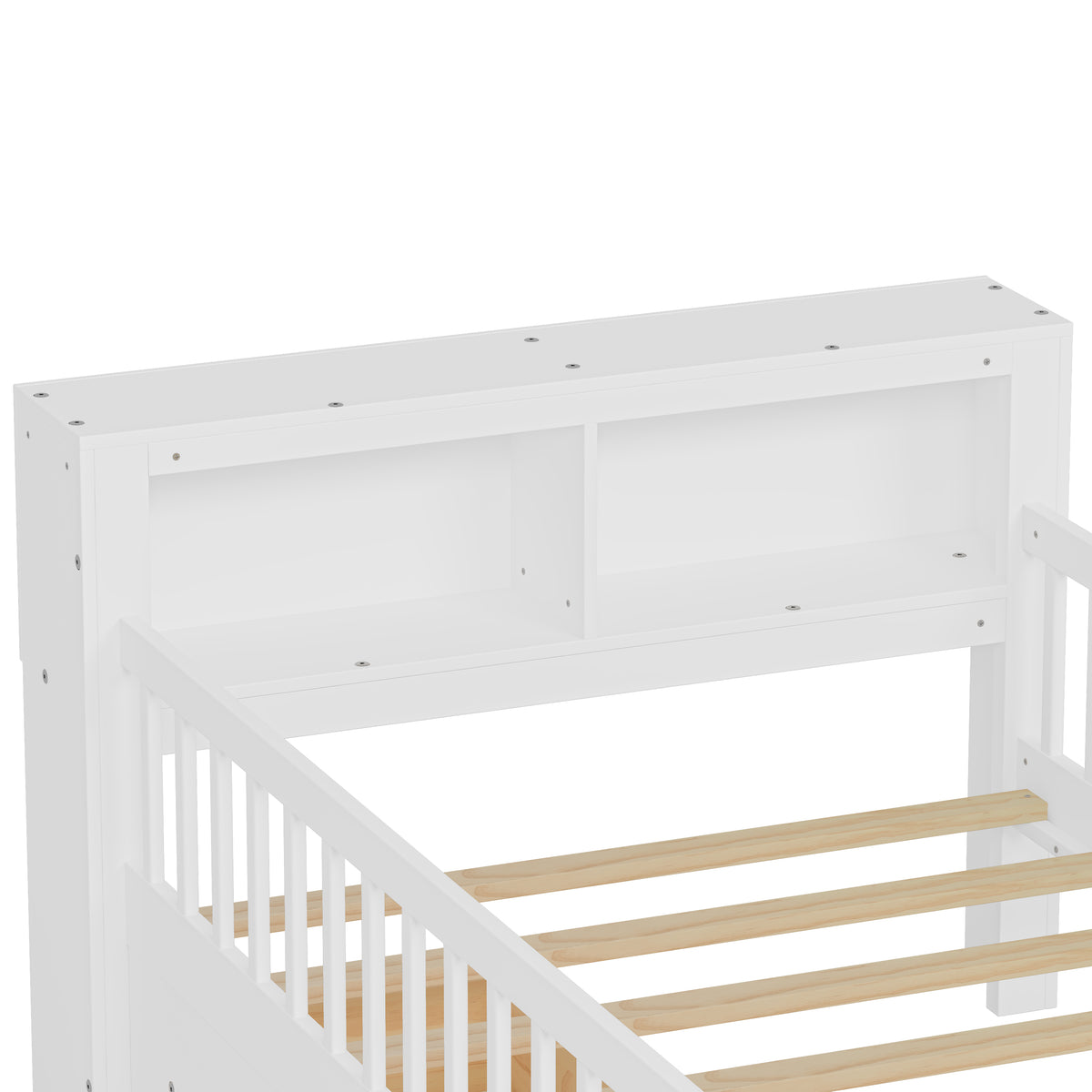 variant-group:rf-n733p272374k|Roomfitters Twin Bed with Headboard Storage Rack, Under-Bed Storage and Three-Side Guardrails, White