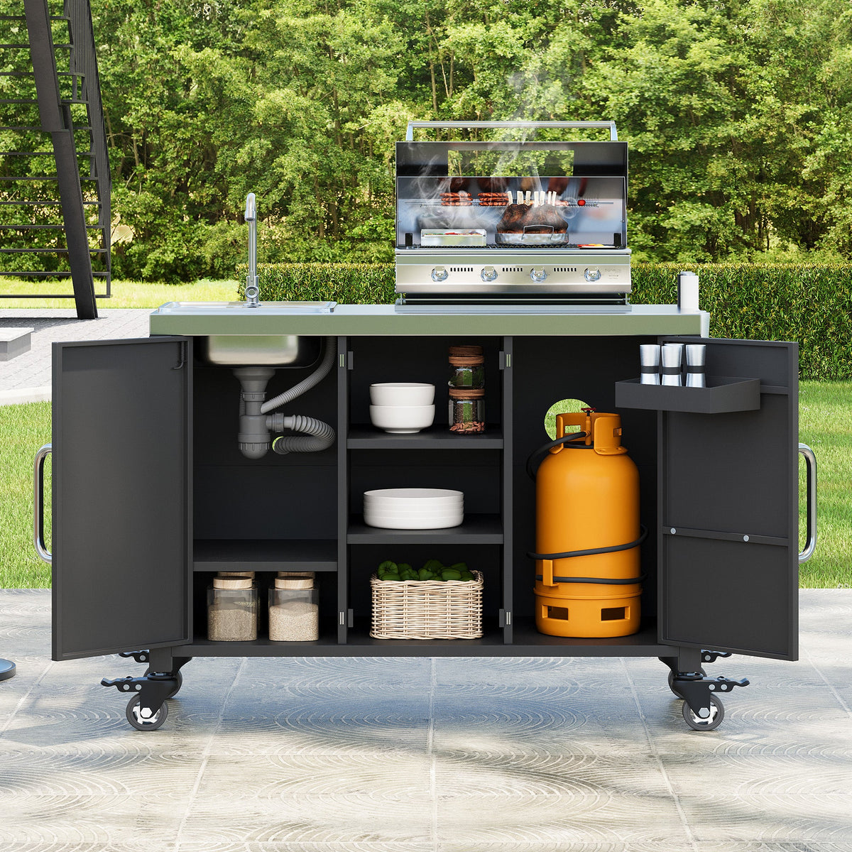 Roomfitters 55.5" Outdoor Kitchen Island with Stainless Steel Sink, Rolling Grill Prep Cart & Storage Cabinet, Black
