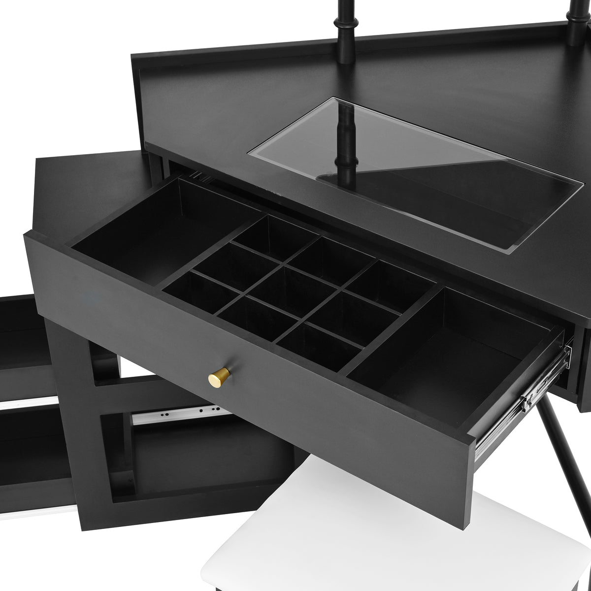 variant-group:rf-n733p336237b|Roomfitters Corner Vanity Desk Set with Stool, Charging Station, Glass Top, Drawer, Shelf, Pull-Out Cabinet, Black