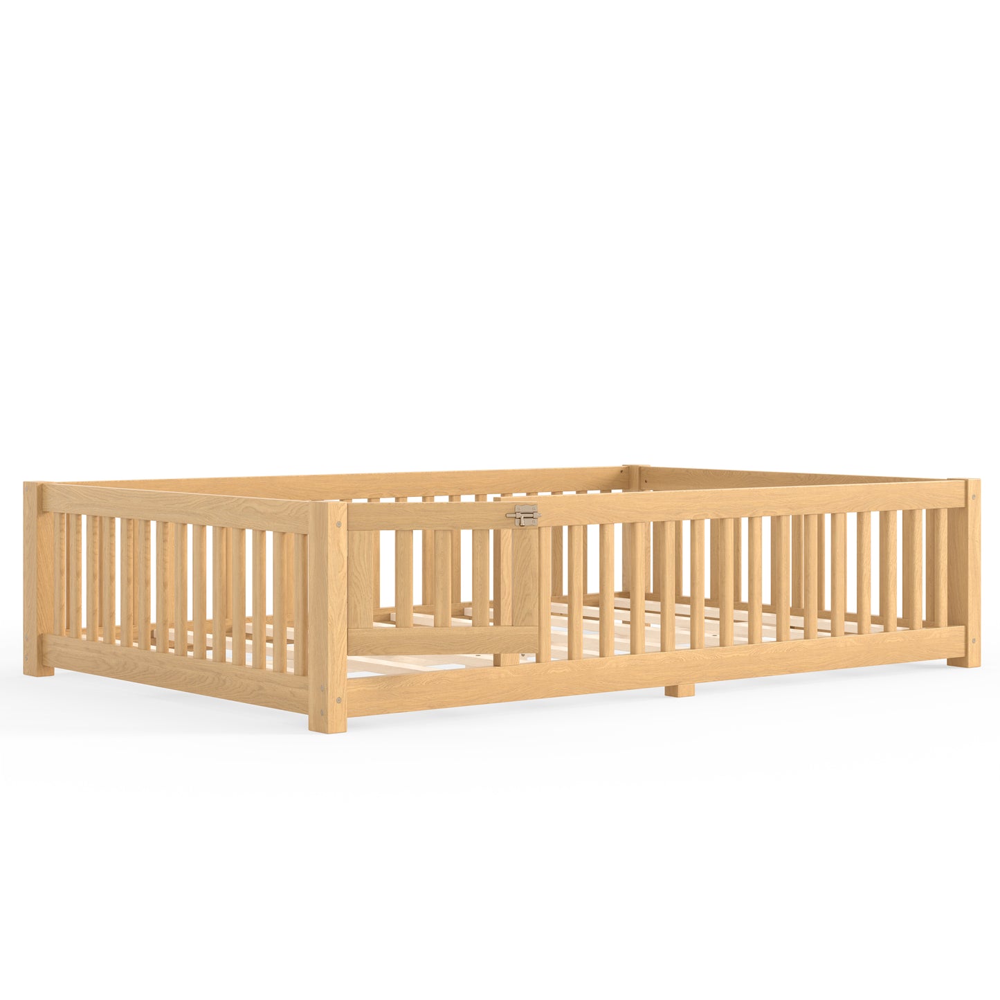variant-group:rf-w1580p462325|Roomfitters Queen Size Wooden Floor Bed Frame with Safety Guardrails Door, Solid Wood Low Profile Toddler Play Bed, Natural