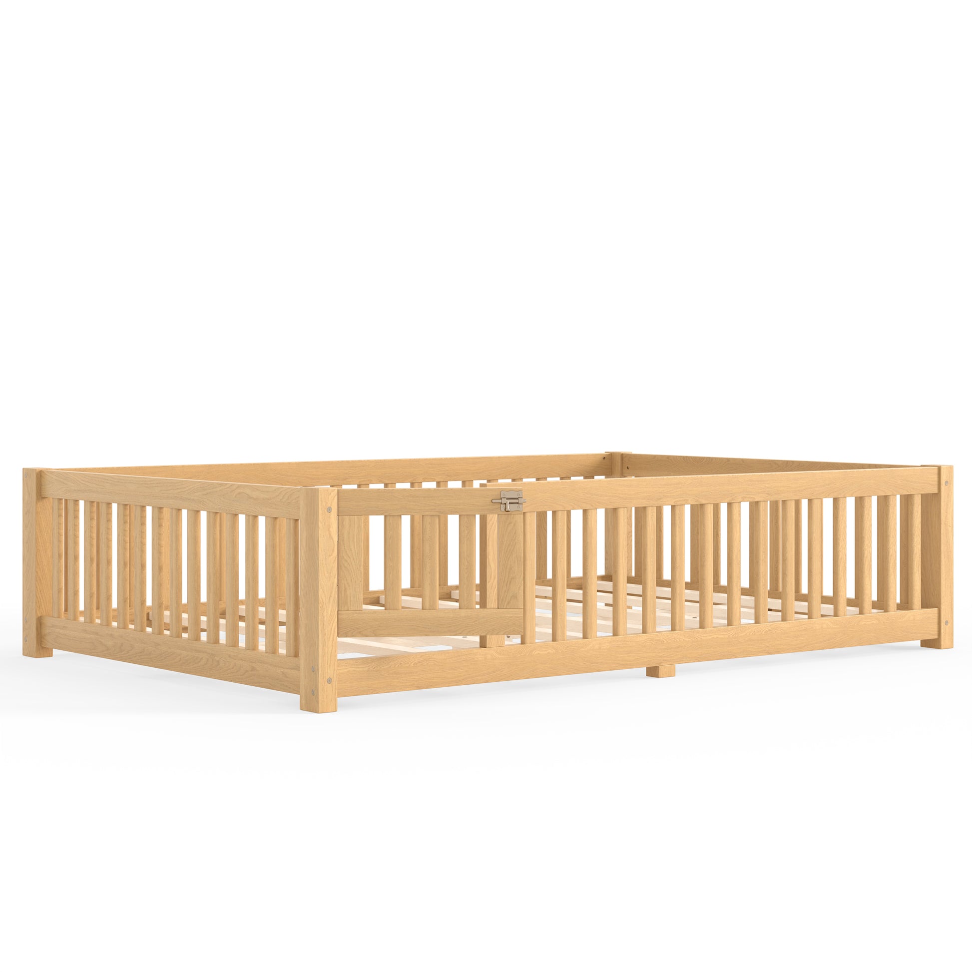 variant-group:rf-w1580p462325|Roomfitters Queen Size Wooden Floor Bed Frame with Safety Guardrails Door, Solid Wood Low Profile Toddler Play Bed, Natural