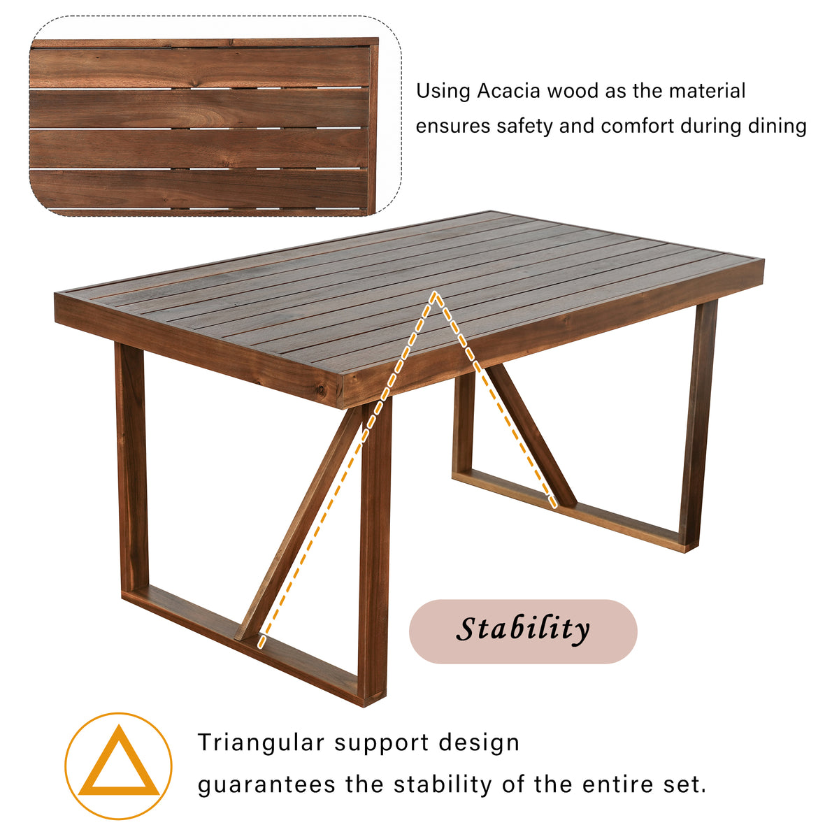 variant-group:rf-n711wy000472aae|Roomfitters 6-Piece Acacia Wood Outdoor Dining Set with Bench and 4 Chairs, Rectangular Table for Patio and Backyard, Brown