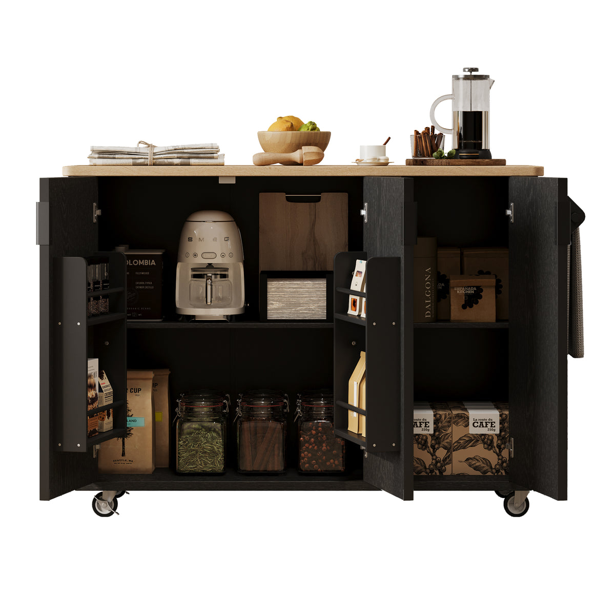 variant-group:rf-n707p221446b|Roomfitters 51" Fluted Kitchen Island with Drop Leaf, Rolling Cart with Storage Rack, Farmhouse Style, Towel Rack, Black