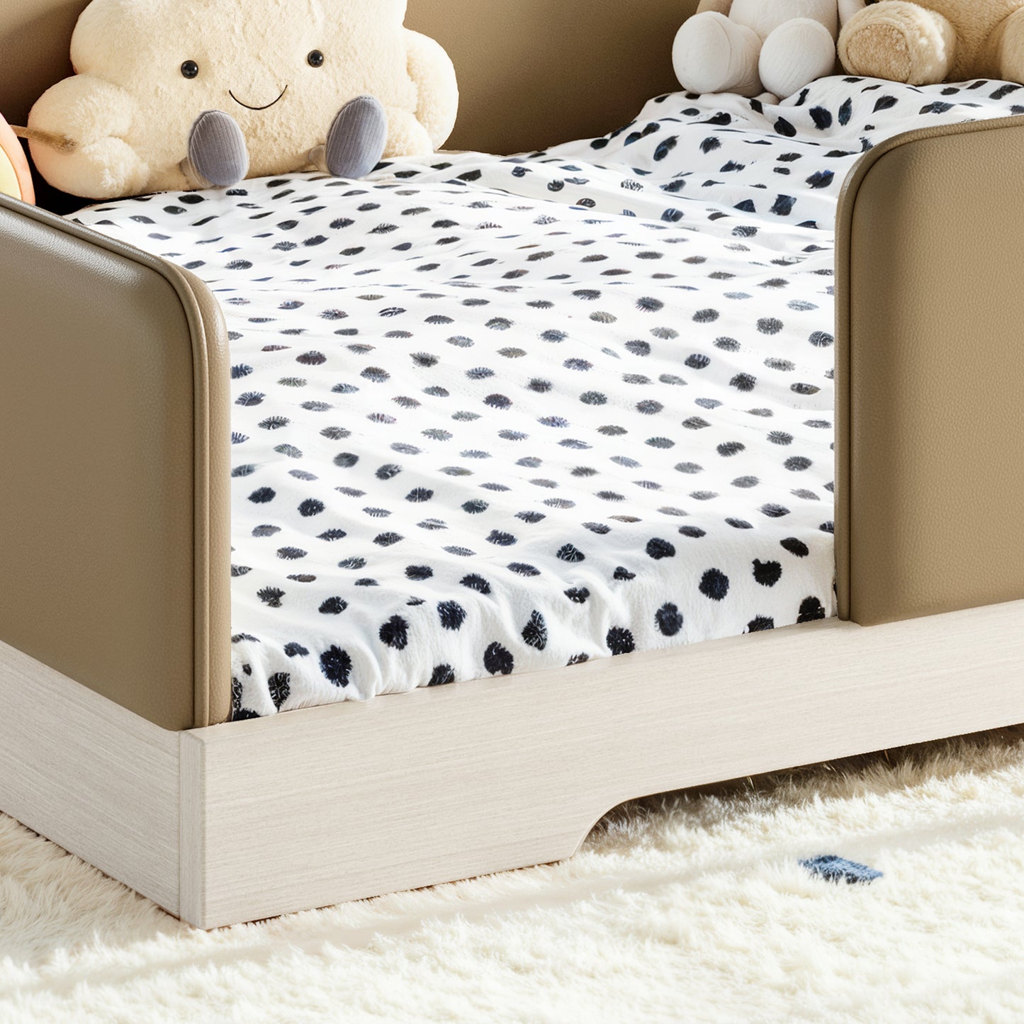 variant-group:rf-w1580s00672|Roomfitters Queen Size Upholstered Floor Bed Frame with Removable Guardrails, Faux Leather Low Profile Platform, Brown