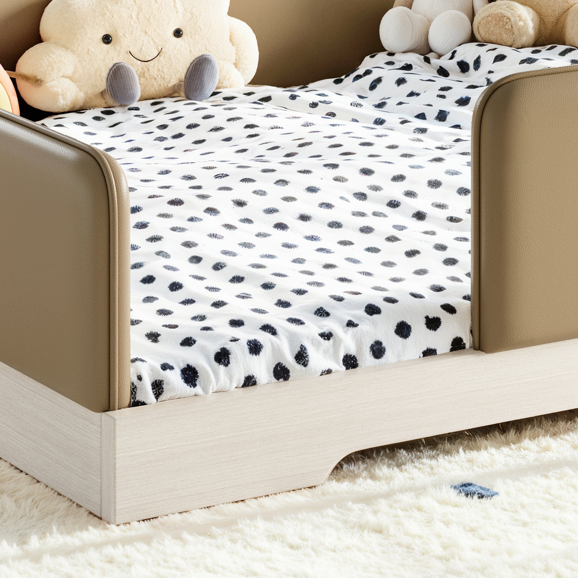 variant-group:rf-w1580s00672|Roomfitters Queen Size Upholstered Floor Bed Frame with Removable Guardrails, Faux Leather Low Profile Platform, Brown
