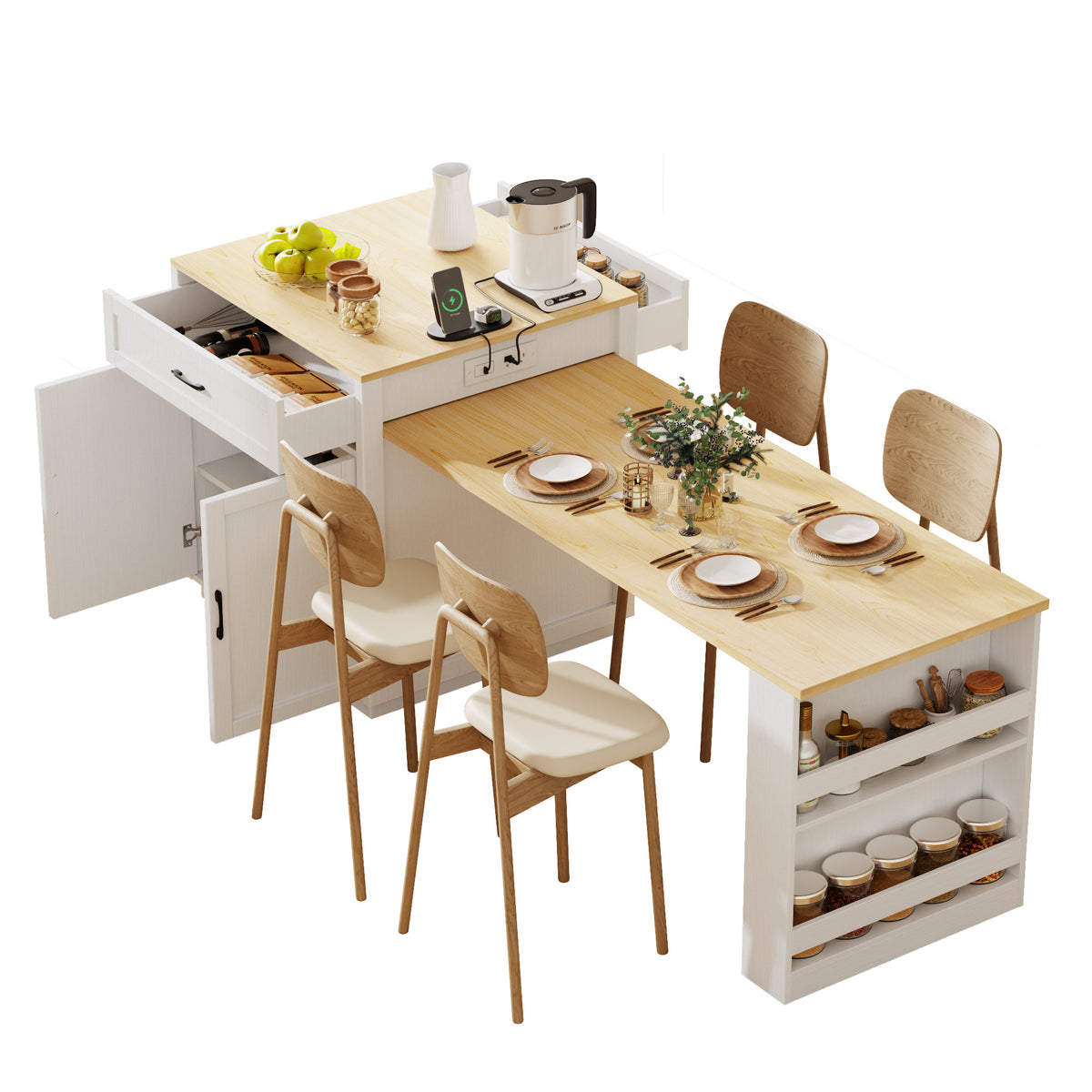 variant-group:rf-n707s000010w|Roomfitters 82.7" Kitchen Island with Extendable Table, Two-Tone Design, Double Storage, Power Outlet, White