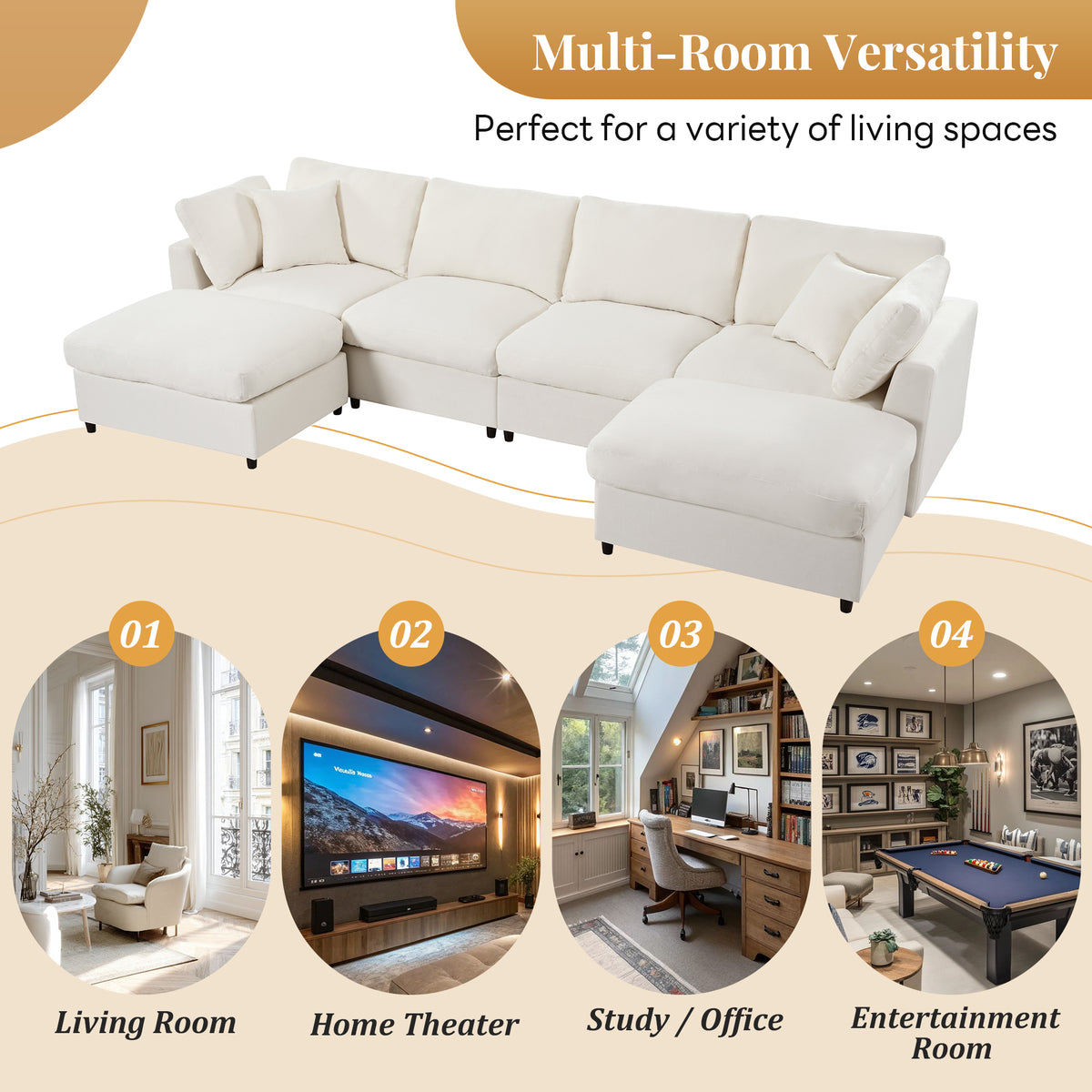 variant-group:rf-n711wy000474aaa|Roomfitters 128.2-Inch Customizable U-Shaped Sectional Sofa, 6-Seater Chenille Couch, 2 Movable Ottomans, Pit Lounge, Beige
