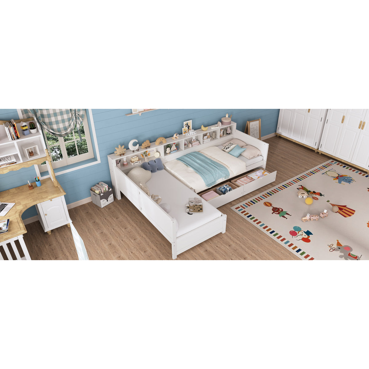 variant-group:rf-n733s369272k|Roomfitters Twin L-Shaped Daybed for 2 with 3 Storage Drawers, Wooden Corner Bed Frame with Bookshelf for Bedroom, White